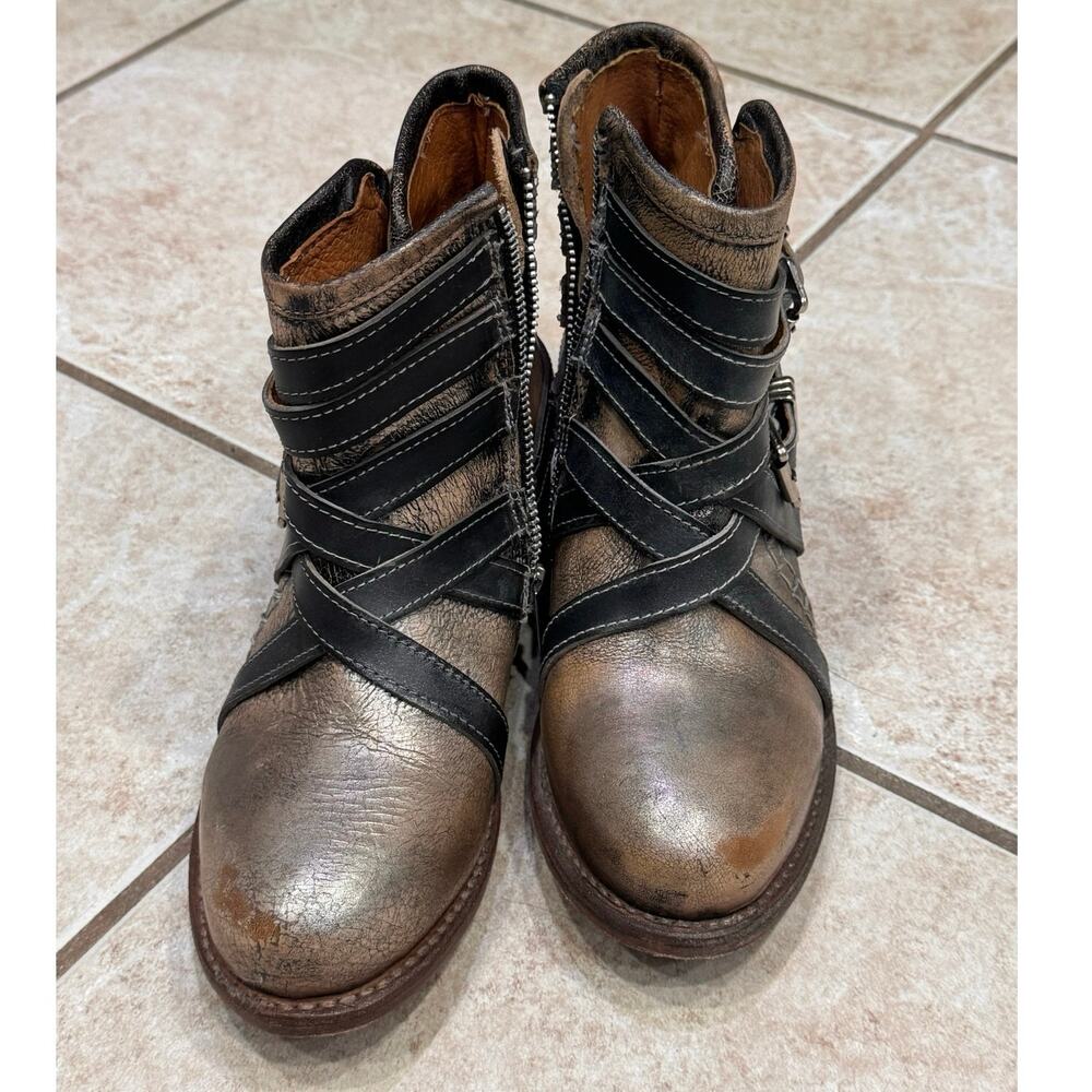 Women’s Metallic Brown Ankle Boots with Black Straps